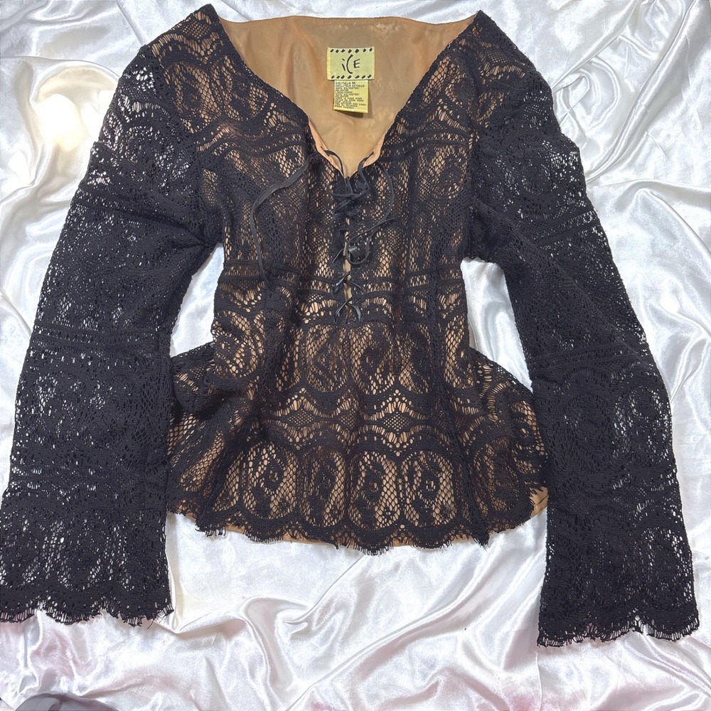 y2k ICE Lace Up Top Black Excellent Vintage Sheer Overlay Bell Sleeve Blouse